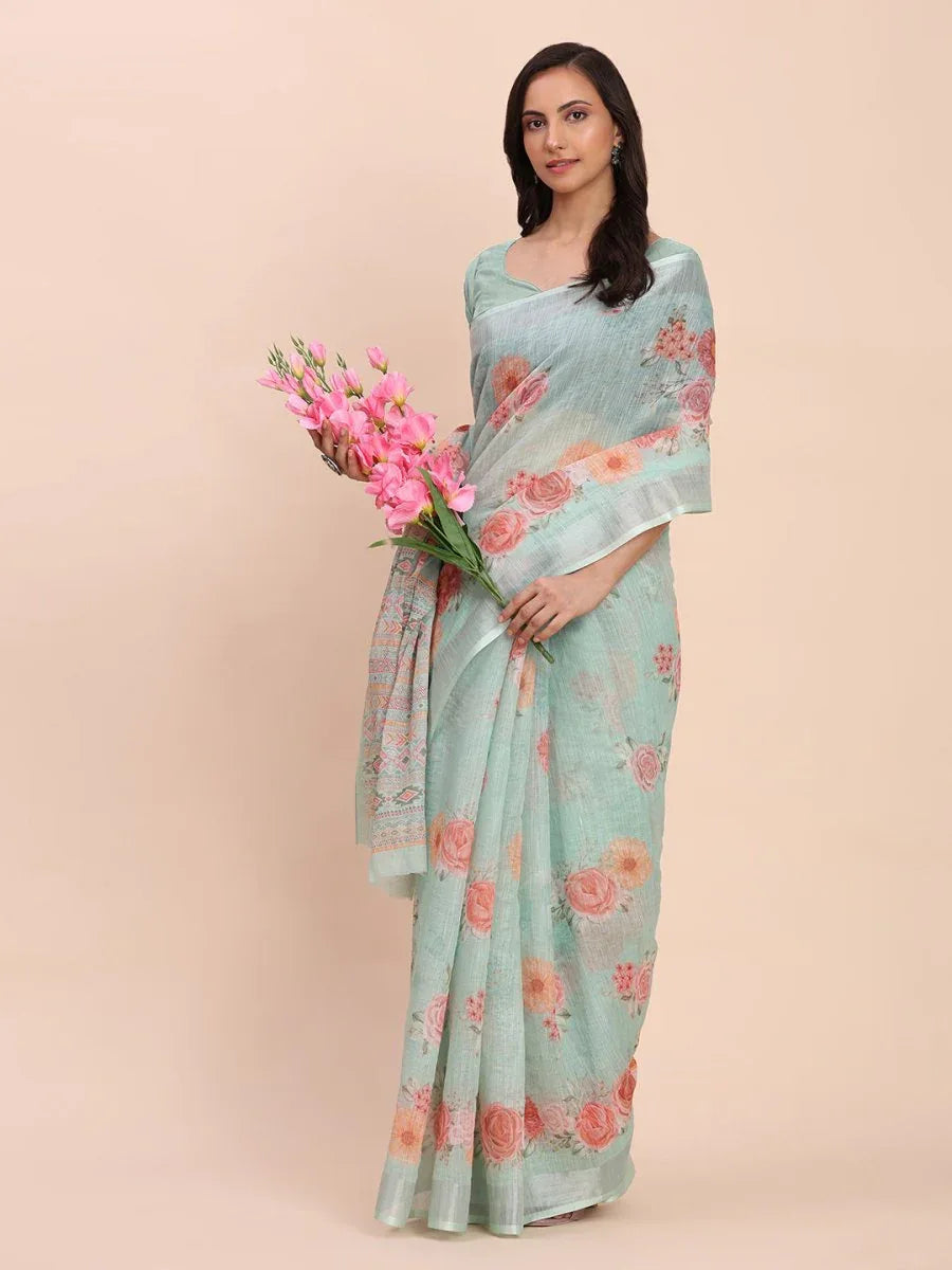 Sea Green SANSKRIT PRINTS Linen Cotton Saree with Blouse Piece - EZBER