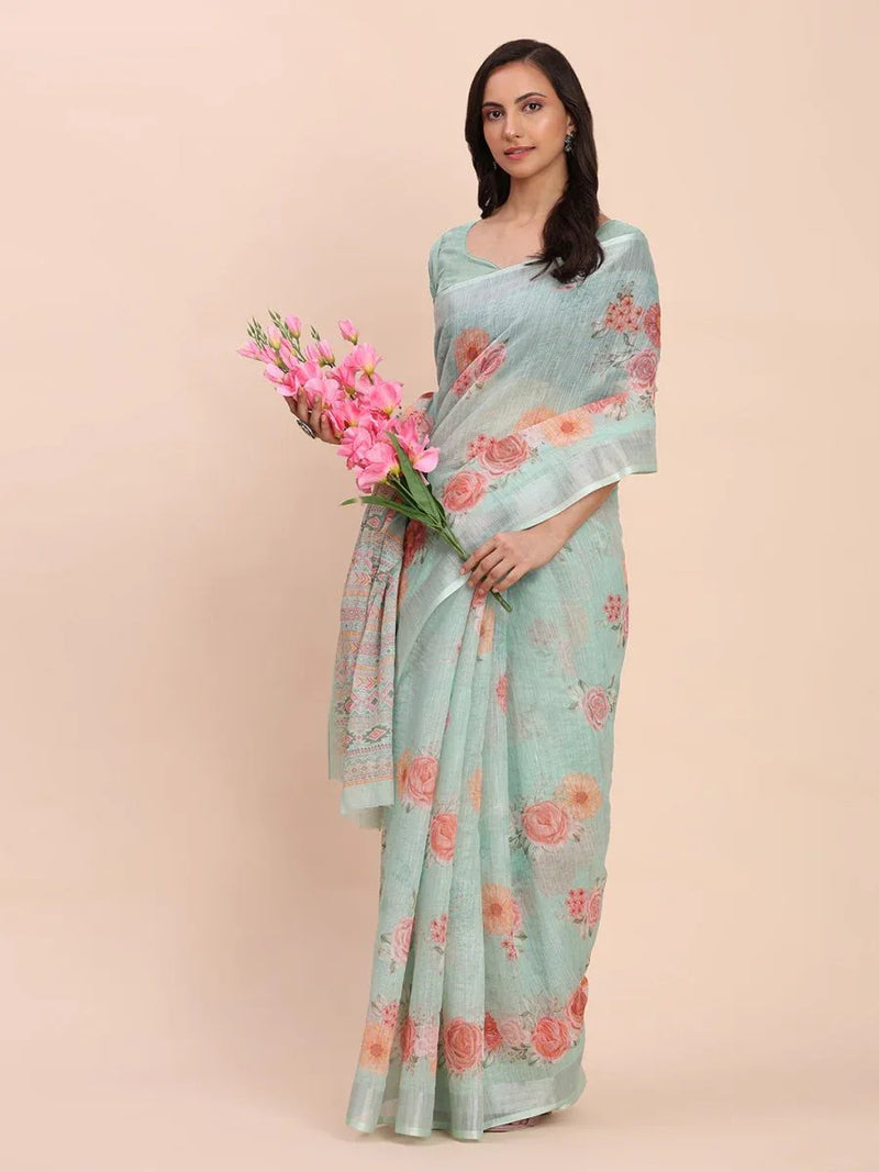 Sea Green SANSKRIT PRINTS Linen Cotton Saree with Blouse Piece - EZBER