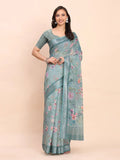 Sea Green SANSKRIT PRINTS Linen Cotton Saree with Blouse Piece - EZBER