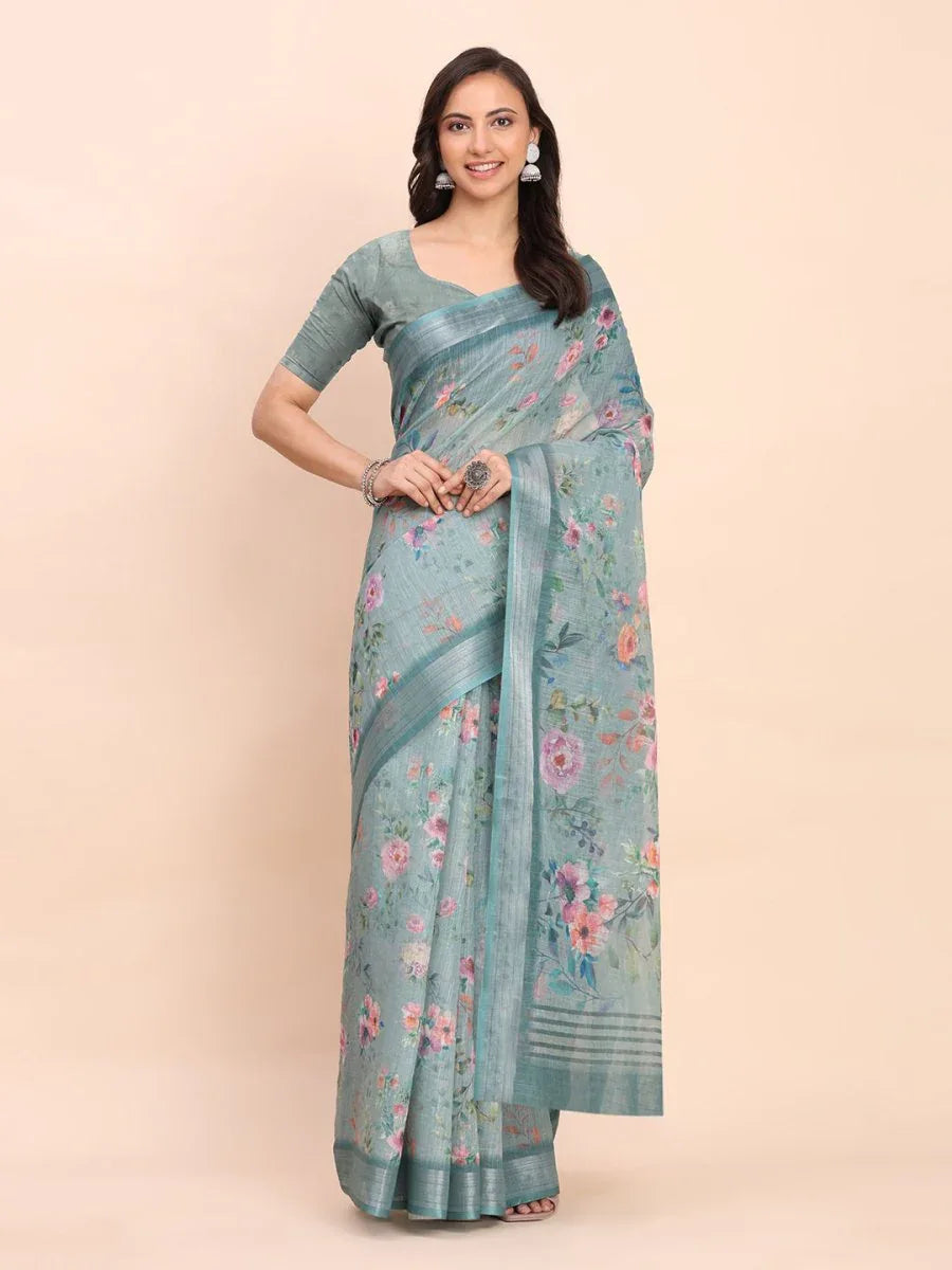 Sea Green SANSKRIT PRINTS Linen Cotton Saree with Blouse Piece - EZBER