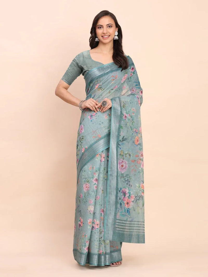 Sea Green SANSKRIT PRINTS Linen Cotton Saree with Blouse Piece - EZBER