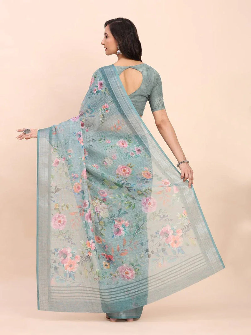 Sea Green SANSKRIT PRINTS Linen Cotton Saree with Blouse Piece - EZBER