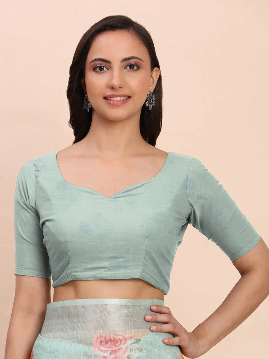 Sea Green SANSKRIT PRINTS Linen Cotton Saree with Blouse Piece - EZBER