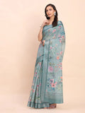 Sea Green SANSKRIT PRINTS Linen Cotton Saree with Blouse Piece - EZBER