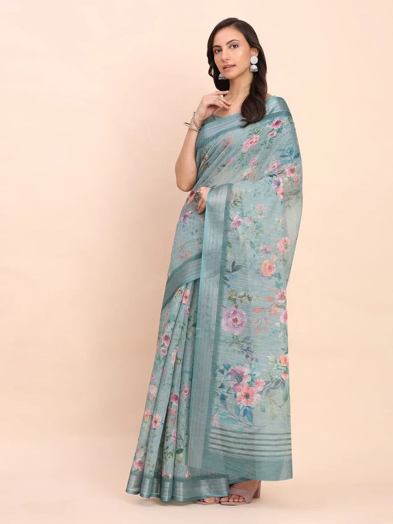 Sea Green SANSKRIT PRINTS Linen Cotton Saree with Blouse Piece - EZBER