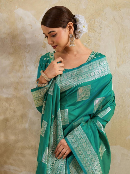 Sea Green Silk Blend Handloom Saree | EZB SI04 SURJW3003 - EZBER