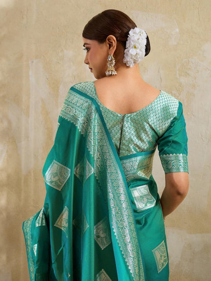 Sea Green Silk Blend Handloom Saree | EZB SI04 SURJW3003 - EZBER