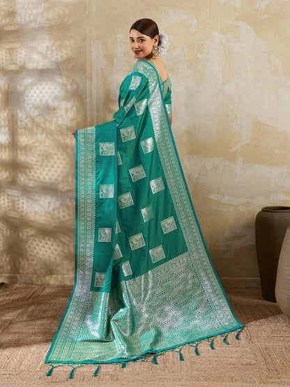 Sea Green Silk Blend Handloom Saree | EZB SI04 SURJW3003 - EZBER