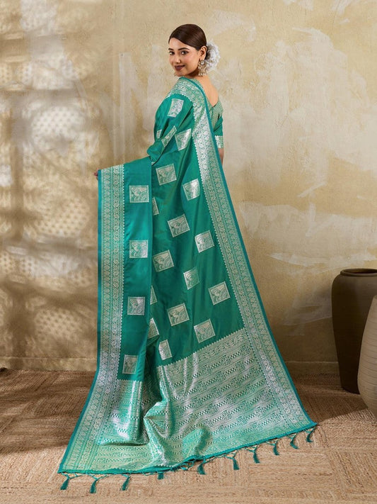 Sea Green Silk Blend Handloom Saree | EZB SI04 SURJW3003 - EZBER