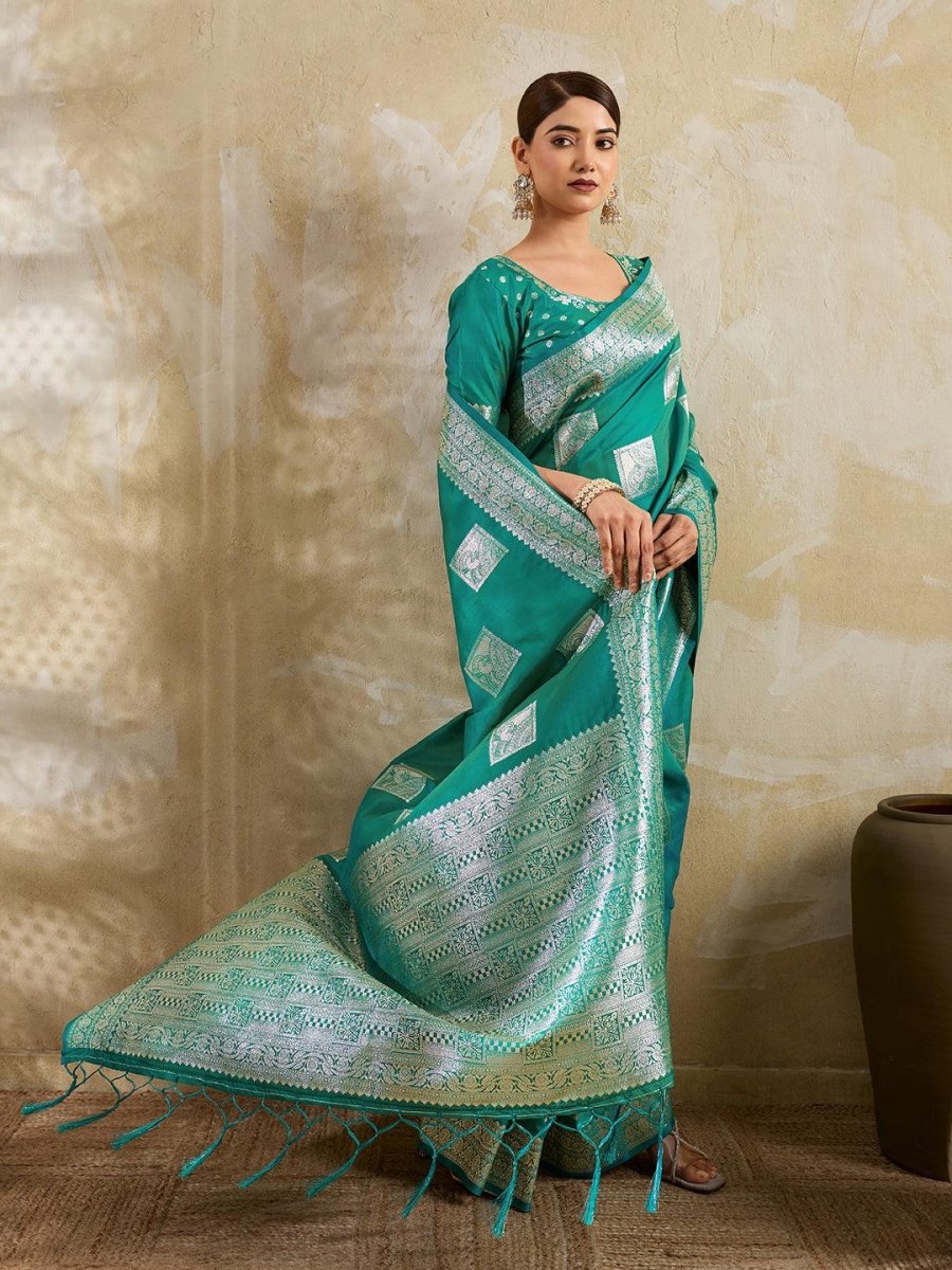 Sea Green Silk Blend Handloom Saree | EZB SI04 SURJW3003 - EZBER