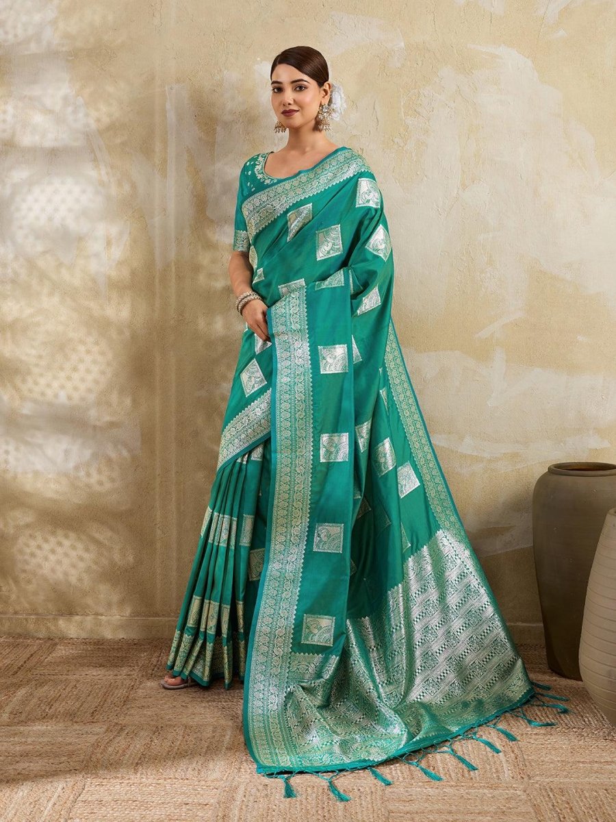 Sea Green Silk Blend Handloom Saree | EZB SI04 SURJW3003 - EZBER