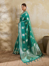 Sea Green Silk Blend Handloom Saree | EZB SI04 SURJW3003