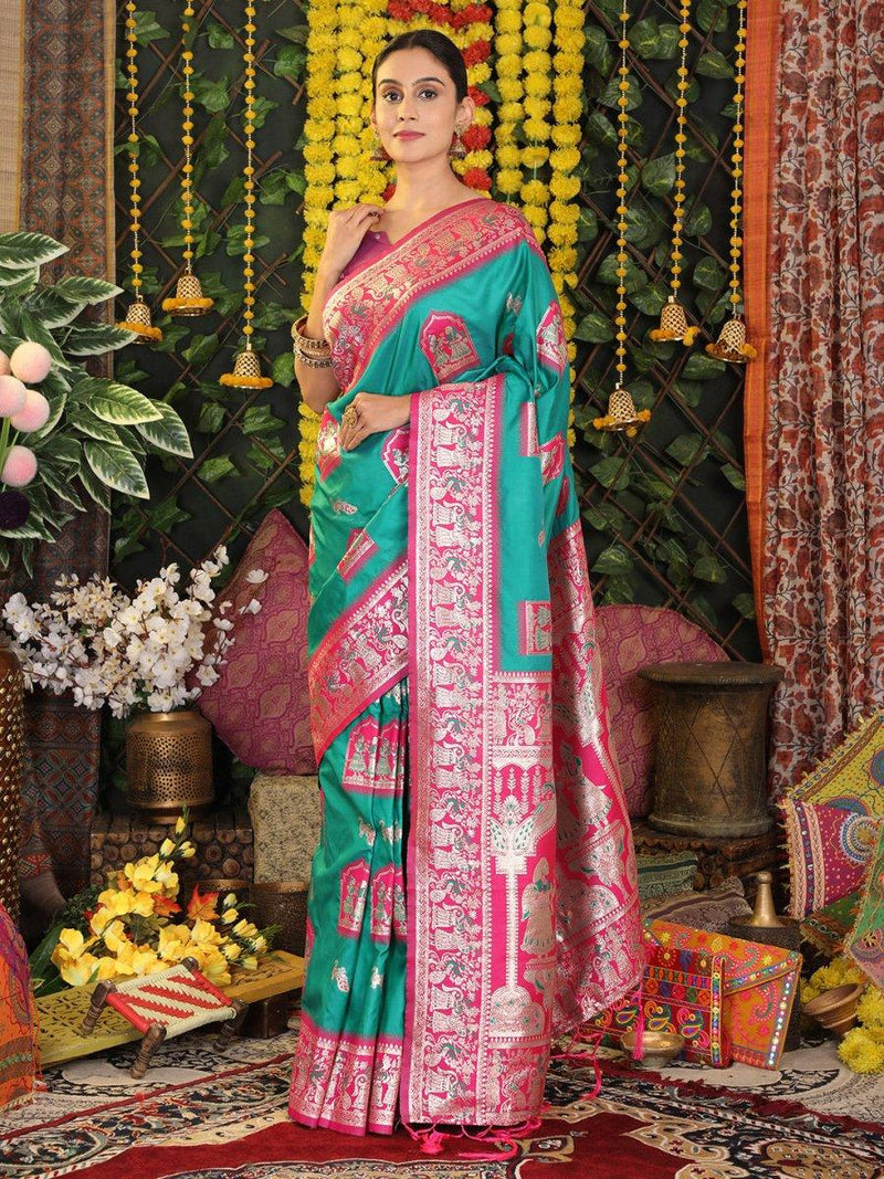 Sea Green Silk Saree With Blouse Piece - EZBER