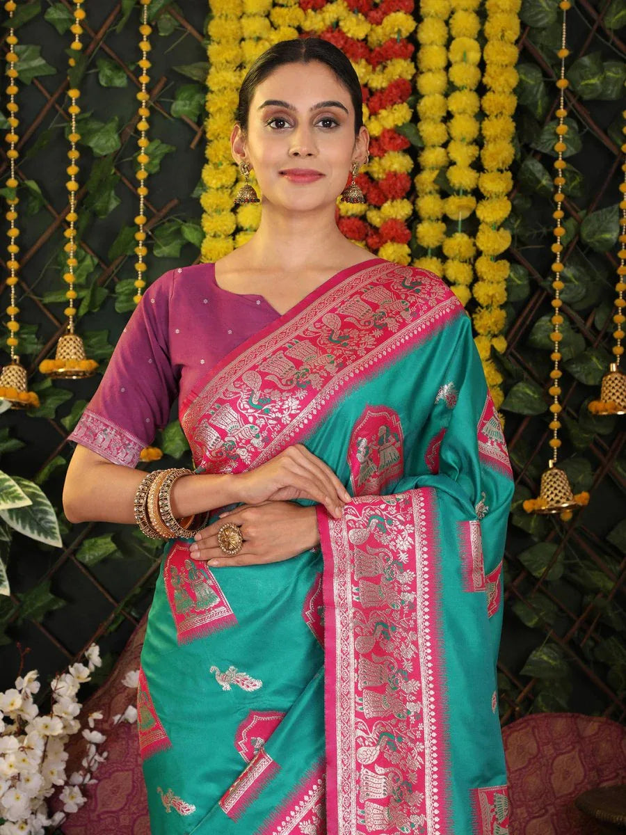 Sea Green Silk Saree With Blouse Piece - EZBER