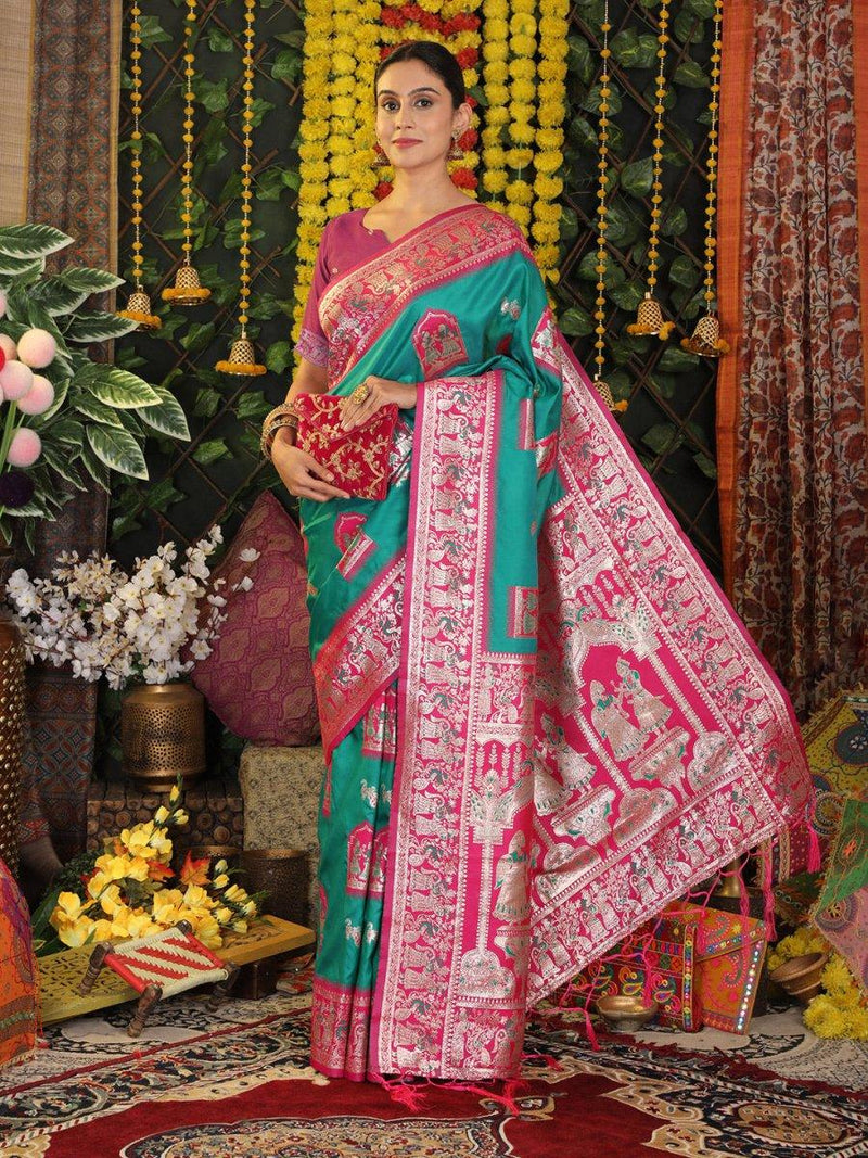 Sea Green Silk Saree With Blouse Piece - EZBER