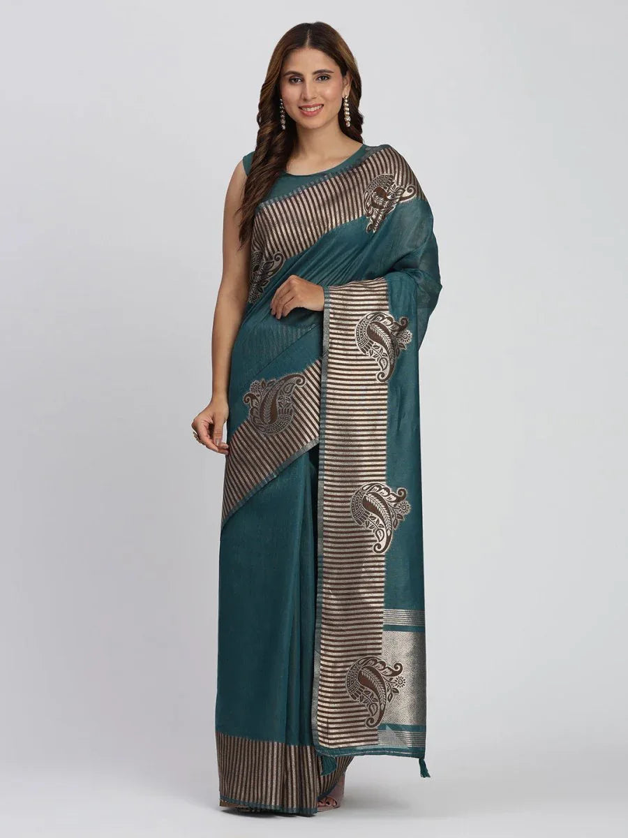 Sea Green TAARINI Linen Cotton Saree with Blouse Piece - EZBER