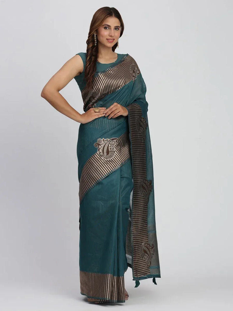 Sea Green TAARINI Linen Cotton Saree with Blouse Piece - EZBER
