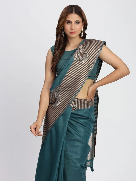 Sea Green TAARINI Linen Cotton Saree with Blouse Piece - EZBER