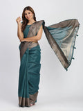 Sea Green TAARINI Linen Cotton Saree with Blouse Piece - EZBER