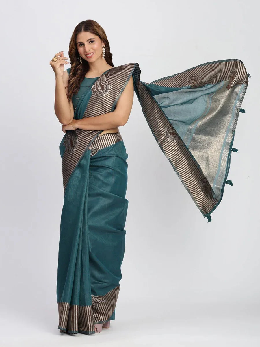 Sea Green TAARINI Linen Cotton Saree with Blouse Piece - EZBER