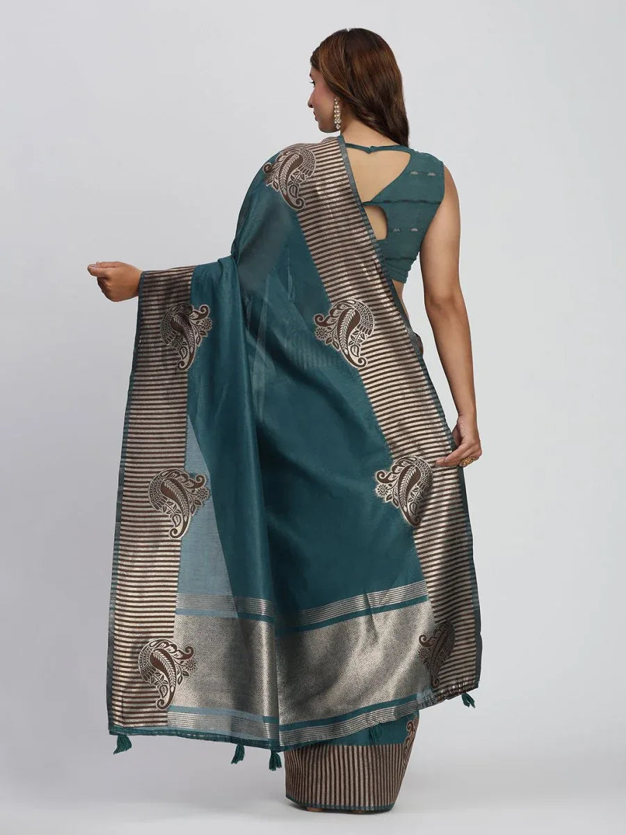 Sea Green TAARINI Linen Cotton Saree with Blouse Piece - EZBER