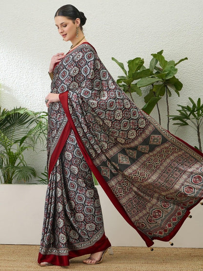 Semi Modal Black Printed Saree | EZB GF02 LUX 13002 - EZBER