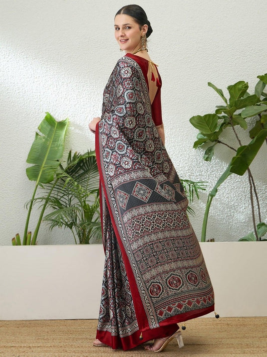 Semi Modal Black Printed Saree | EZB GF02 LUX 13002 - EZBER