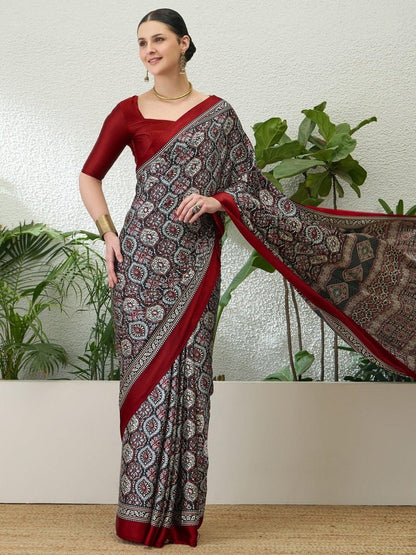 Semi Modal Black Printed Saree | EZB GF02 LUX 13002 - EZBER