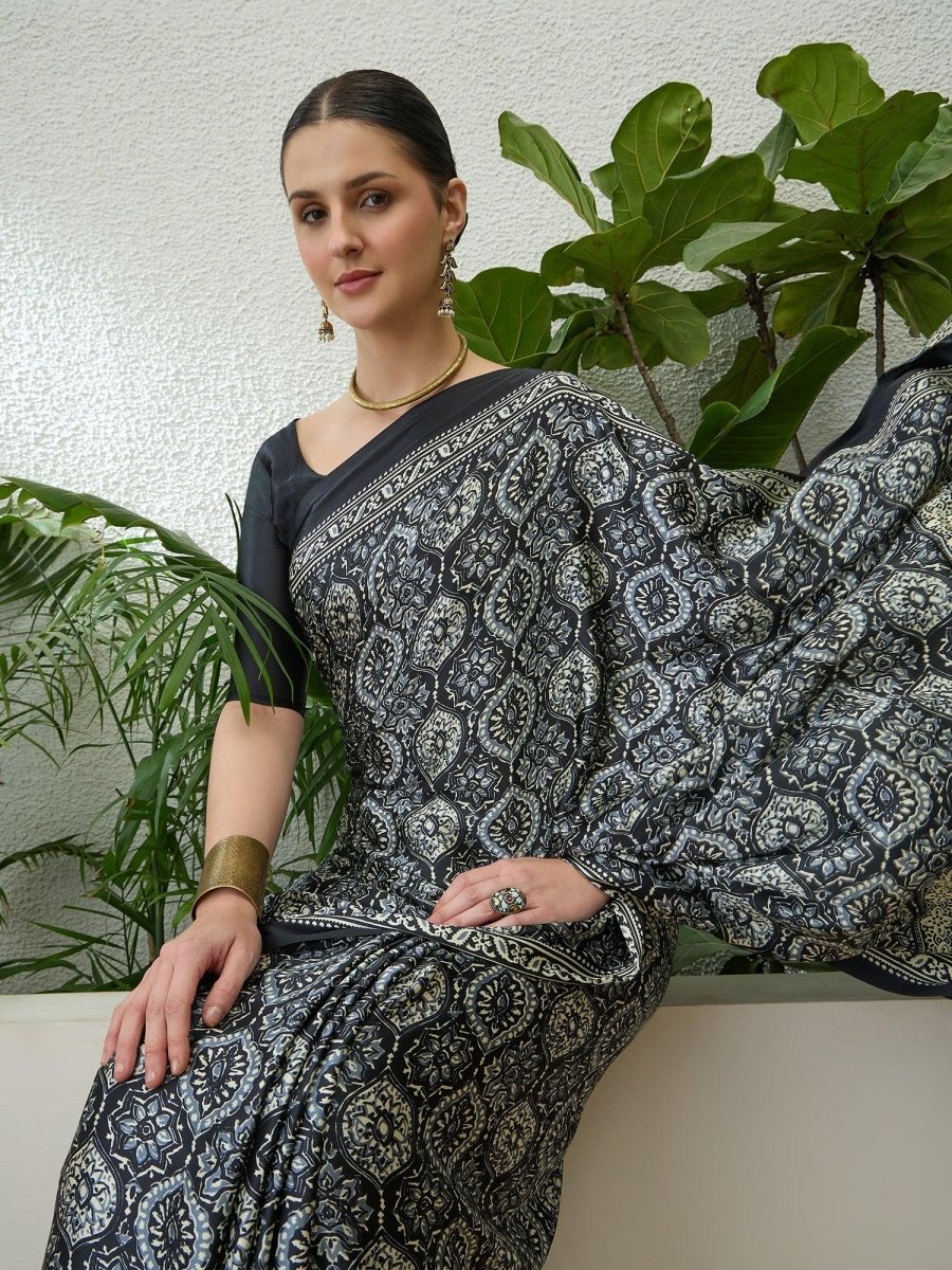 Semi Modal Black Printed Saree | EZB GF02 LUX 13005 - EZBER