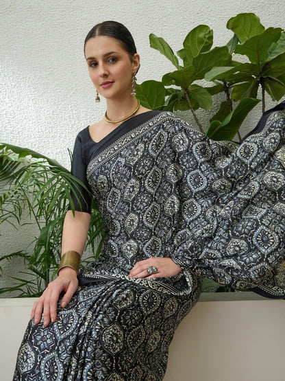 Semi Modal Black Printed Saree | EZB GF02 LUX 13005 - EZBER