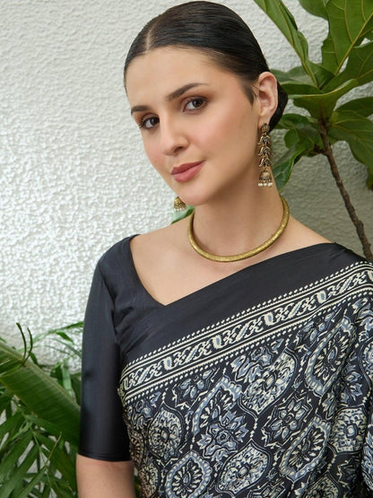Semi Modal Black Printed Saree | EZB GF02 LUX 13005 - EZBER