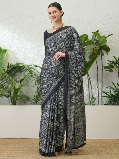 Semi Modal Black Printed Saree | EZB GF02 LUX 13005 - EZBER
