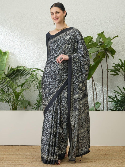 Semi Modal Black Printed Saree | EZB GF02 LUX 13005 - EZBER