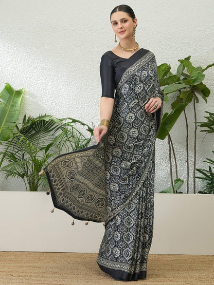 Semi Modal Black Printed Saree | EZB GF02 LUX 13005 - EZBER