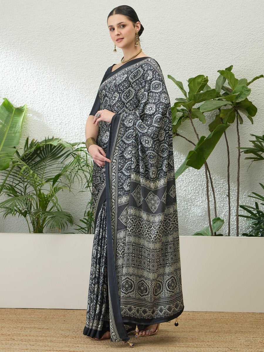 Semi Modal Black Printed Saree | EZB GF02 LUX 13005 - EZBER
