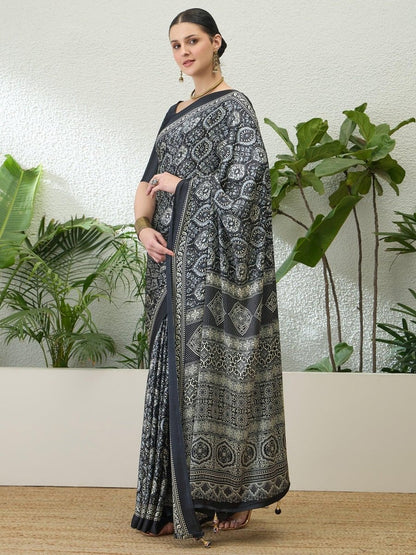 Semi Modal Black Printed Saree | EZB GF02 LUX 13005 - EZBER