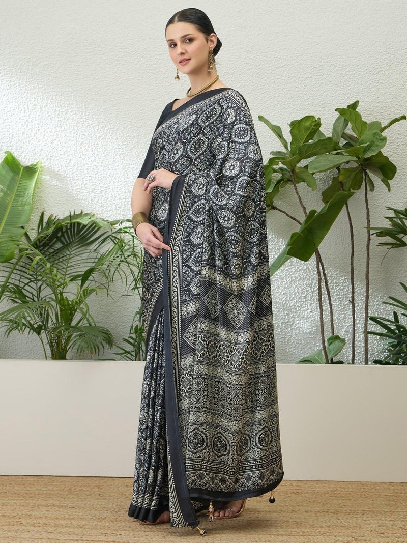 Semi Modal Black Printed Saree | EZB GF02 LUX 13005 - EZBER