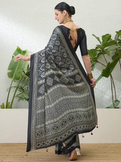 Semi Modal Black Printed Saree | EZB GF02 LUX 13005 - EZBER