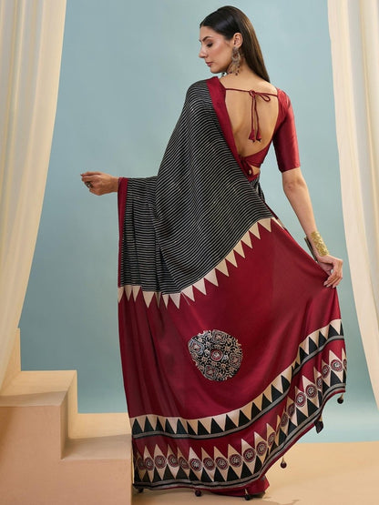 Semi Modal Black Printed Saree | EZB GF02 LUX 14002 - EZBER