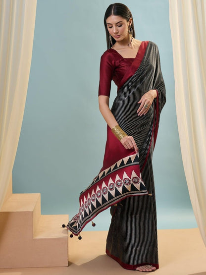 Semi Modal Black Printed Saree | EZB GF02 LUX 14002 - EZBER