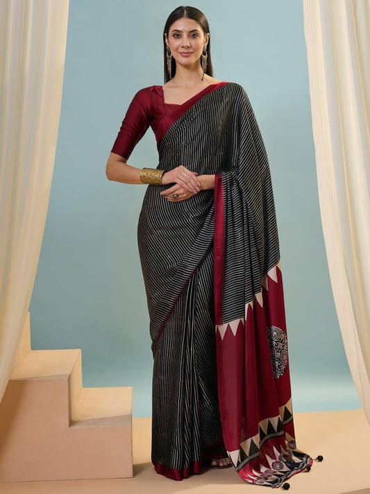 Semi Modal Black Printed Saree | EZB GF02 LUX 14002 - EZBER