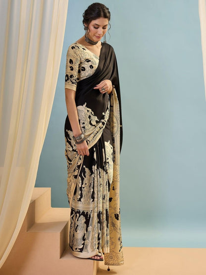 Semi Modal Black Printed Saree | EZB GF02 RAGA V2 52005 - EZBER