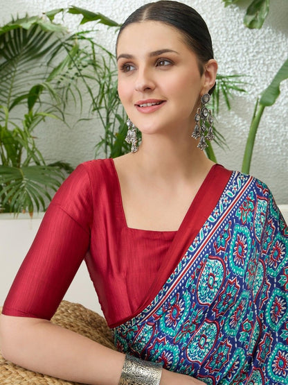 Semi Modal Blue Printed Saree | EZB GF02 LUX 13006 - EZBER