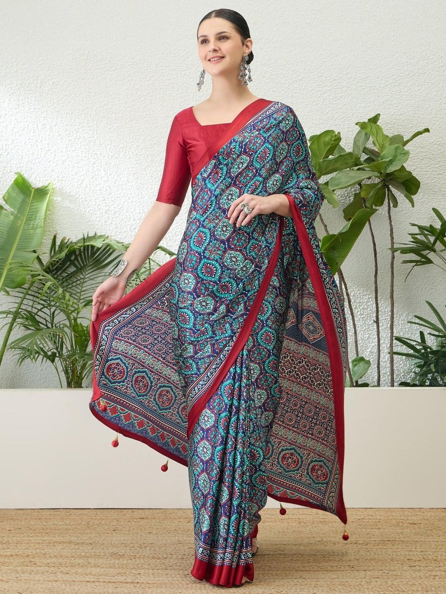 Semi Modal Blue Printed Saree | EZB GF02 LUX 13006 - EZBER