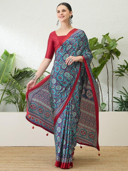Semi Modal Blue Printed Saree | EZB GF02 LUX 13006 - EZBER