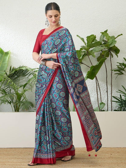 Semi Modal Blue Printed Saree | EZB GF02 LUX 13006 - EZBER