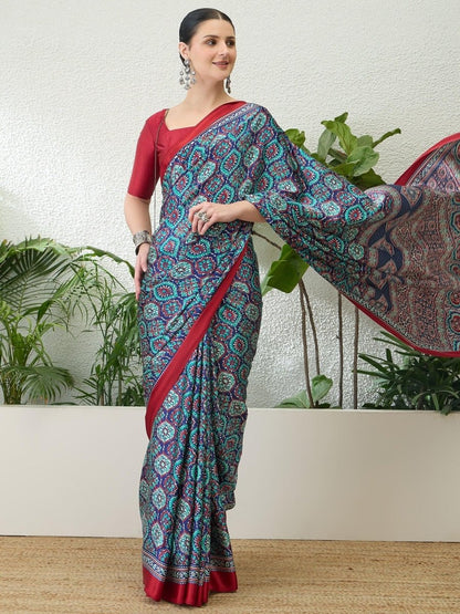 Semi Modal Blue Printed Saree | EZB GF02 LUX 13006 - EZBER