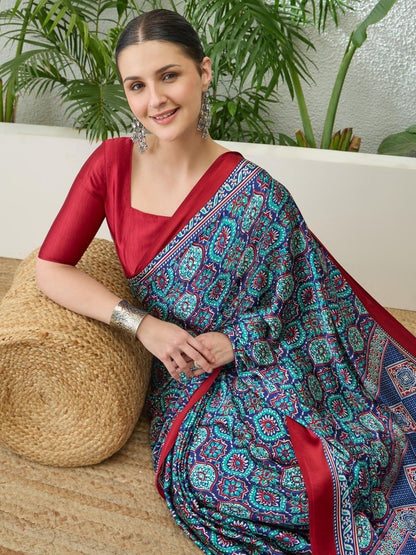 Semi Modal Blue Printed Saree | EZB GF02 LUX 13006 - EZBER