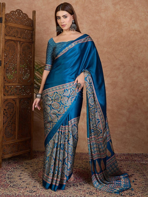 Semi Modal Blue Printed Saree | EZB GF02 LUX 3001 - EZBER