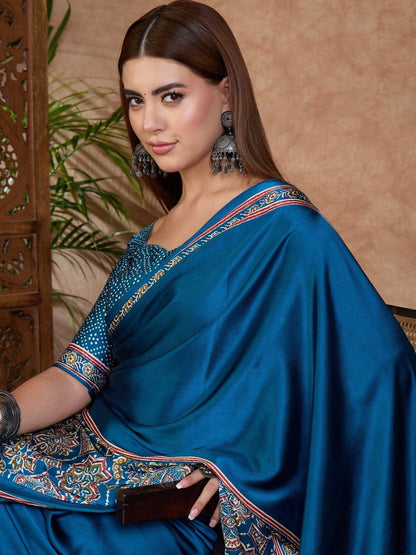 Semi Modal Blue Printed Saree | EZB GF02 LUX 3001 - EZBER